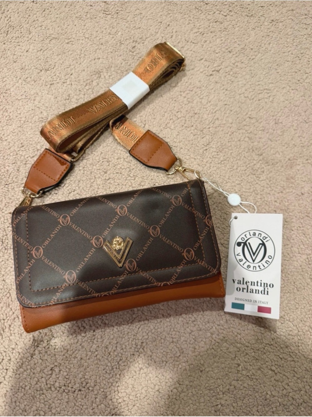 Valentino Orlandi Brown & Tan Crossbody with Logo Strap